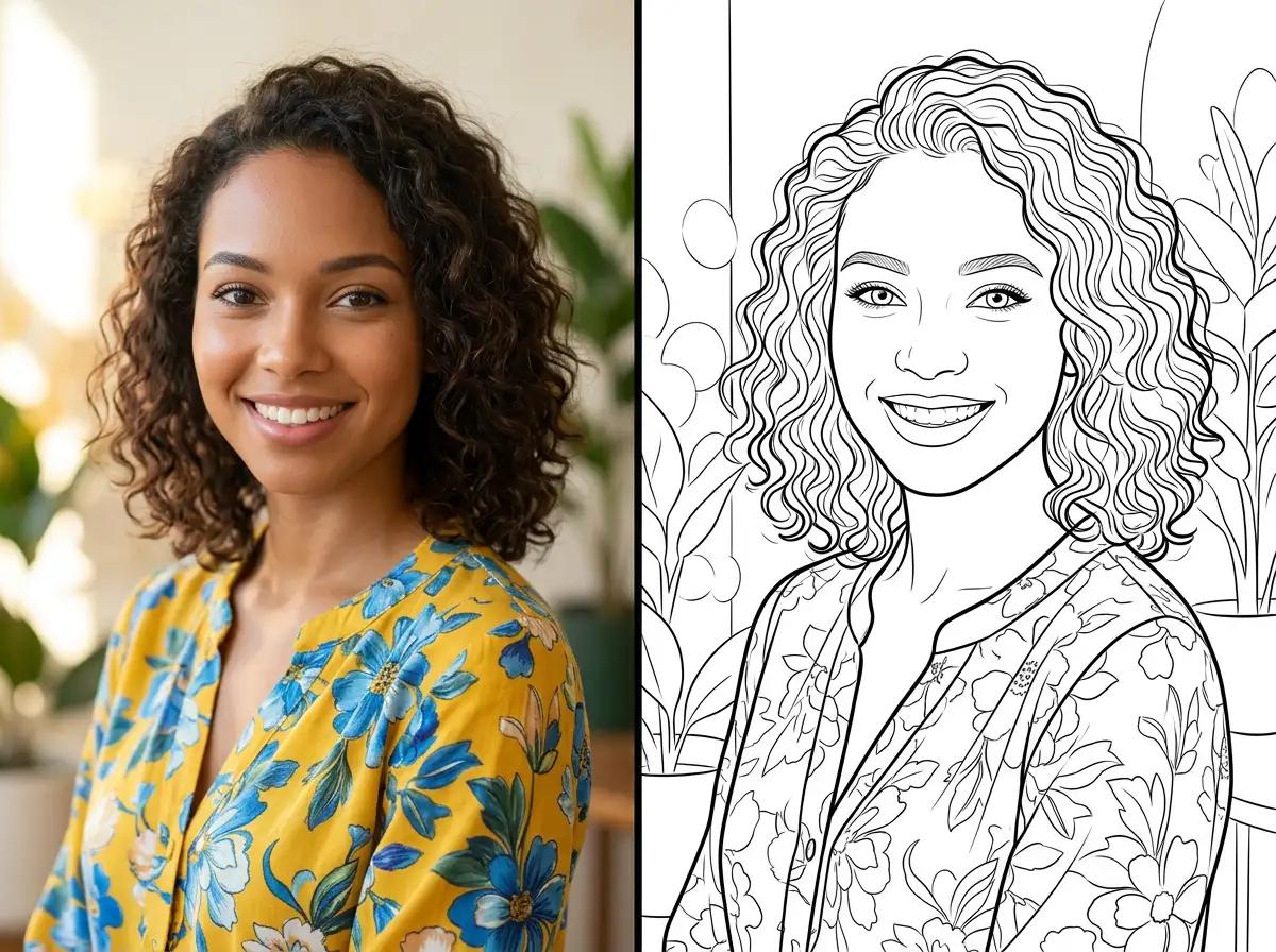 Photo to coloring page conversion — before and after coloring book transformation
