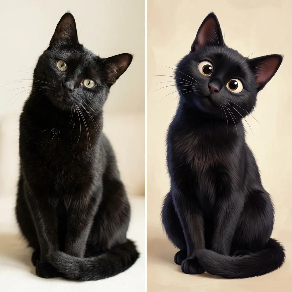 Black cat before and after AI pet portrait transformation