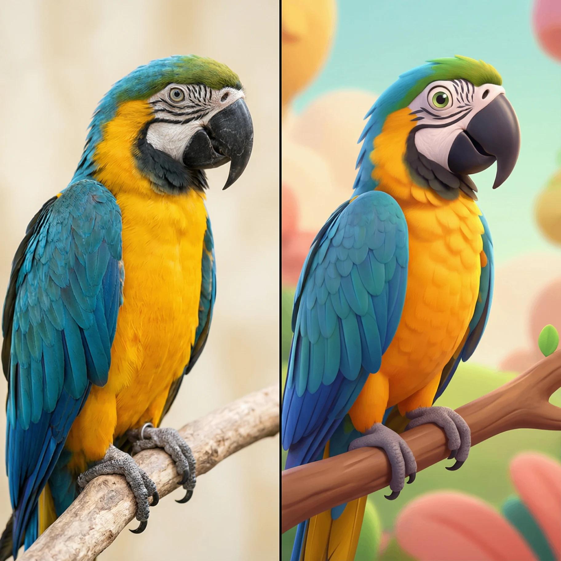 Blue and gold macaw before and after AI cartoon portrait transformation