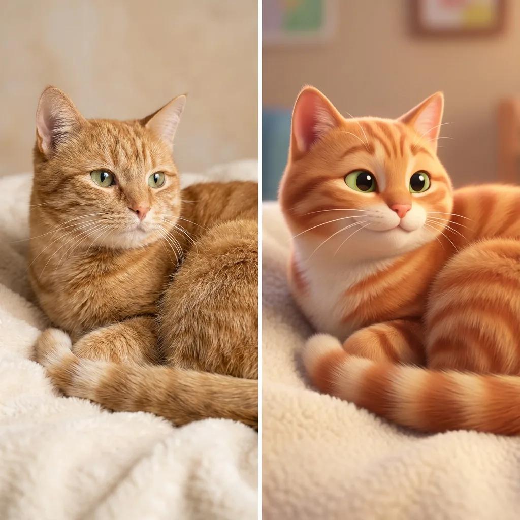 Orange tabby cat before and after AI pet portrait transformation